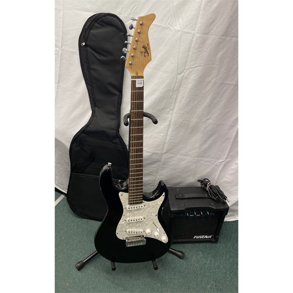 LOT OF 4 - 'DOT ON SHAFT' ELECTRIC GUITAR, FIRST ACT AMP, SOFT CASE & STAND