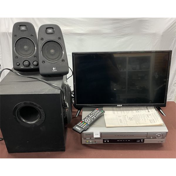JOB LOT - ELECTRONICS - LOGITECH SPEAKERS, RCA MONITOR W/ REMOTE & SANYO VCR