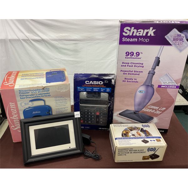 LOT OF 5 - HOUSEHOLD - DIG PIC, SHARK MOP, CALCULATOR, COOLER/WARMER