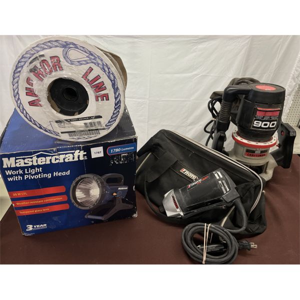 LOT OF 4 - ROTOZIP POWER NAILER, CRAFTSMAN ROUTER,  MASTERCRAFT WORK LIGHT AND ANCHOR LINE