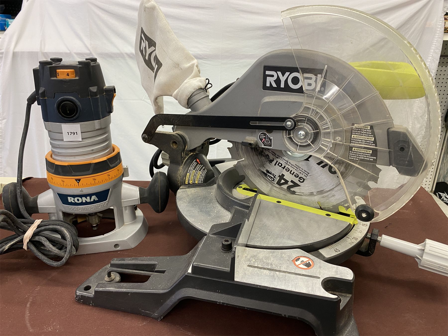 LOT OF 2 - RONA 12AMP ROUTER AND RYOBI COMPOUND MITER SAW