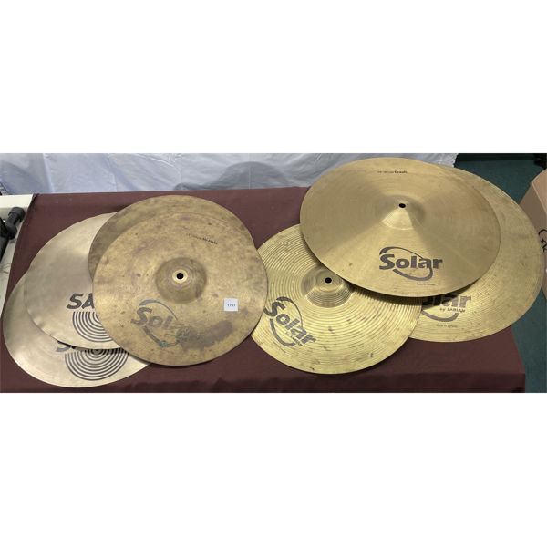 LOT OF 6 - SOLAR AND SABIAN CYMBALS - INCL X-CELERATOR, HI-HATS ETC