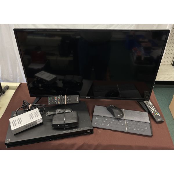 LOT OF 3 - RCA 32in TV, SONY BLU-RAY AND 12.9in IPAD PRO SMART KEYBOARD