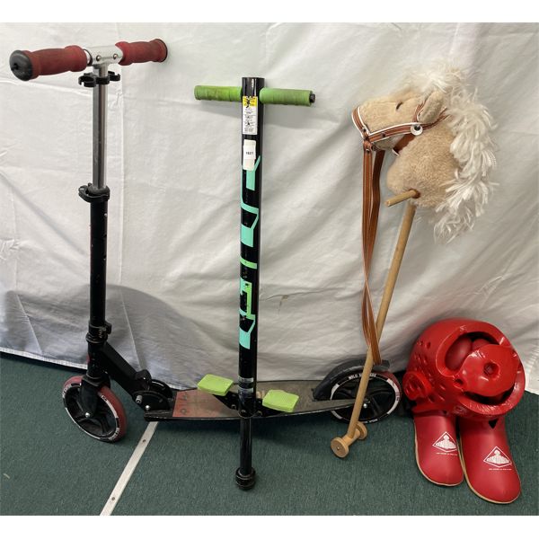 LOT OF 4 - POGO STICK, SCOOTER, RIDING HORSE AND SPARRING GEAR