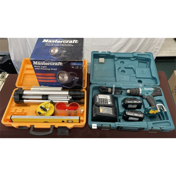 LOT OF 3 - JOHNSON LASER LEVEL/TRIPOD, MAKITA CORDLESS POWER DRILL AND MASTERCRAFT WORK LIGHT 