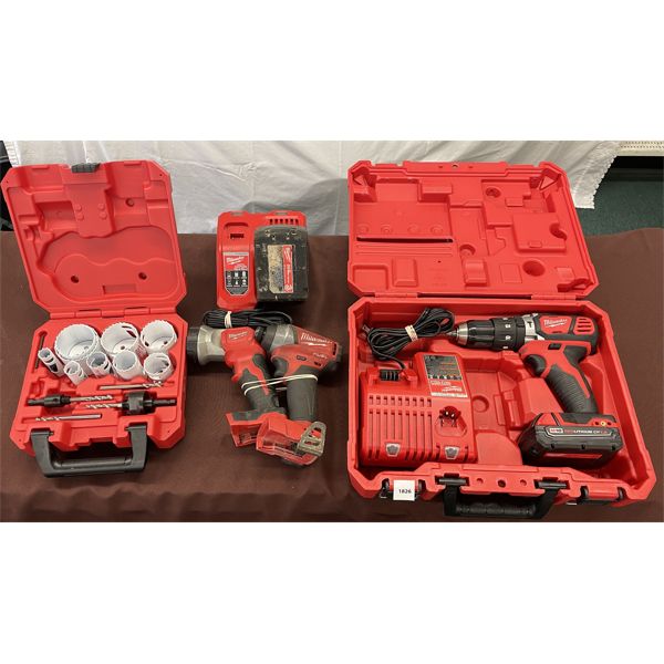 LOT OF 3 - MILWAUKEE 1/2in HAMMER DRILL, HOLE DOZER AND FLASHLIGHT