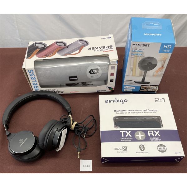 LOT OF 4 - SYLVANIA SPEAKER, WIRED HEADPHONES, BLUETOOTH TRANSMITTER AND MERKURY SURVEILLANCE CAMERA