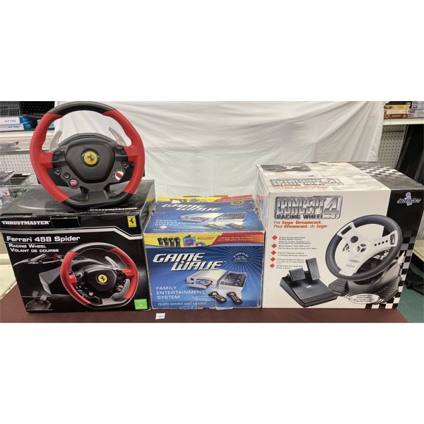 LOT OF 3 - XBOX ONE FERRARI AND SEGA DREAMCAST RACING WHEELS, ECT