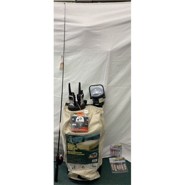 JOB LOT - OUTDOOR GEAR - COLLAPSIBLE FISHING ROD, QUEEN SIZE DELUXE INFLATABLE BED W/ PUMP,  ECT.