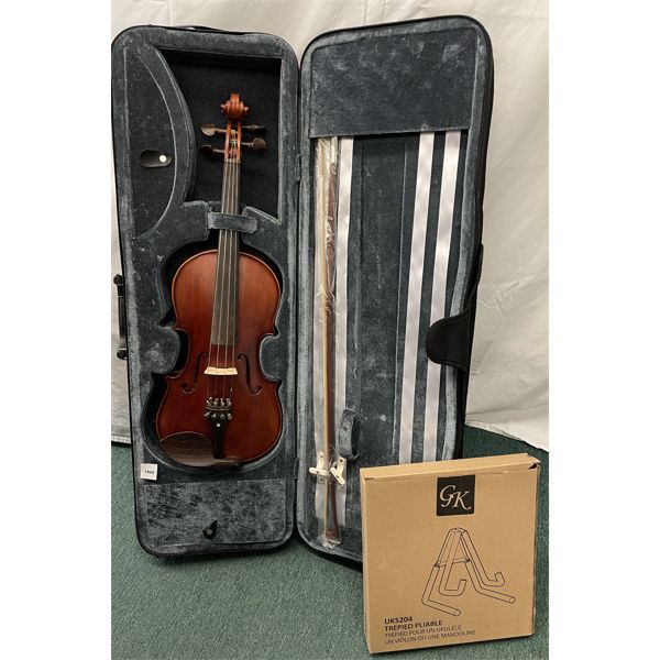 UNKNOWN VIOLIN W/ CASE AND STAND - AS NEW