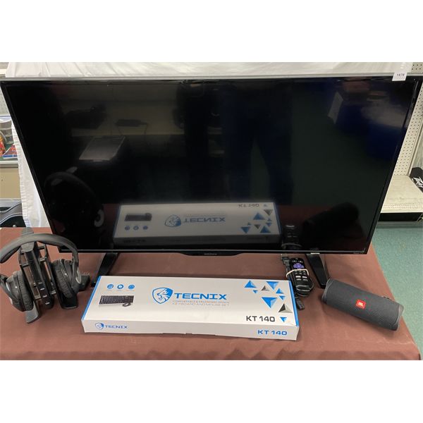 LOT OF 4 - INSIGNIA 39in ROKU TV W/ REMOTE, JBL FLIP 5 SPEAKERS,  AND SENNEISER HEADPHONES