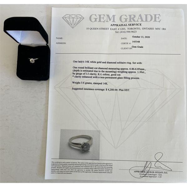 LADIES 14K WHITE GOLD & SOLITAIRE DIAMOND RING - APPRAISED