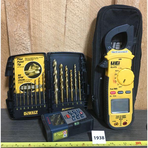 LOT OF 3 - BOSCH LASER LEVEL, DEWALT BIT SET AND MULTIMETER