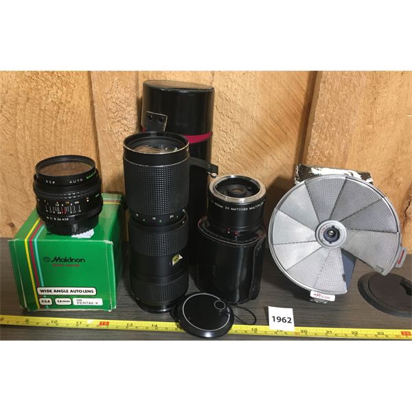 JOB LOT - OLYMPUS PENTAX CAMERA LENS, RICOH FLASH UNIT, MINOLTA MATCHED MULTIPLIER ETC.