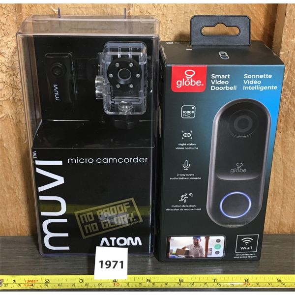 LOT OF 2 - GLOBE SMART VIDEO DOORBELL CAMERA AND MUVI ATOM MICRO CAMCORDER - NEW