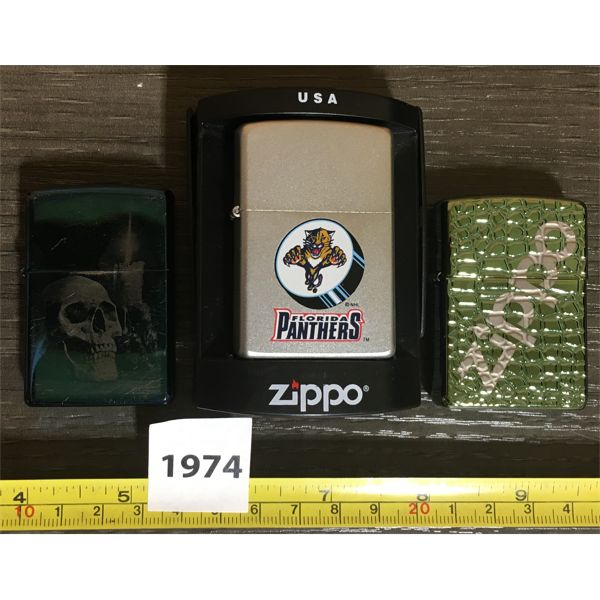 LOT OF 3 - ZIPPO LIGHTERS - GREEN ARMOR CHAMELEON, BLUE SKULL AND FLORIDA PANTHERS