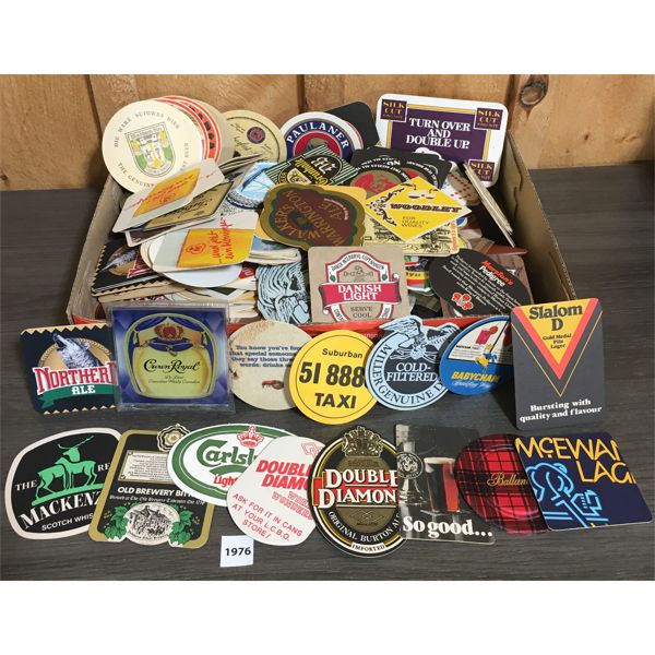 COLLECTION OF 300+ BEVERAGE COASTERS INCL CROWN ROYAL GLASS AND CANADIAN CLUB LEATHERETTE