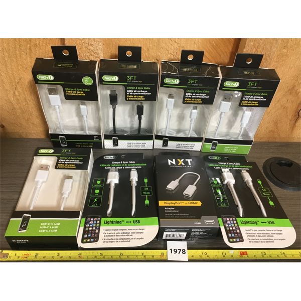 LOT OF 8 - MISC NEW IN PACKAGE SYNC AND CHARGING CABLES 