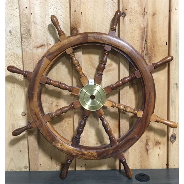 DECORATIVE WOOD AND BRASS SHIPS WHEEL - APPROX 36in