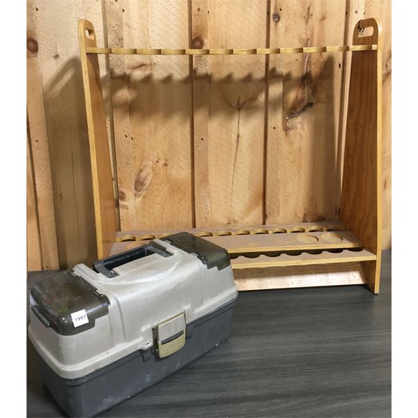 LOT OF 2 - WOODEN FISHING ROD STAND & 3 TIER TACKLE BOX W/ MISC