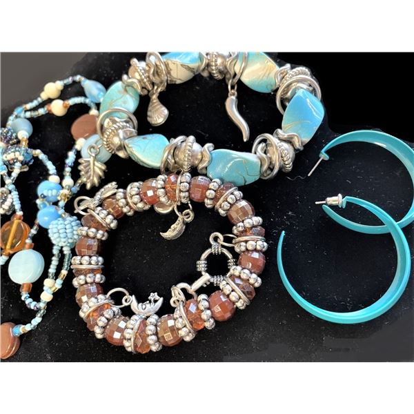 Blue and Brown Jewelry Collection, Necklace, TWO Bracelets and Earrings