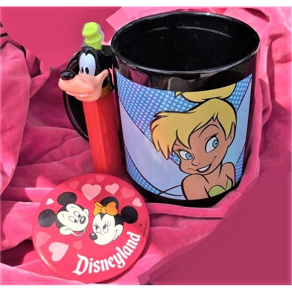 Disney Items, Minnie Mouse Button, Tinkerbell Mug and Pluto Pez