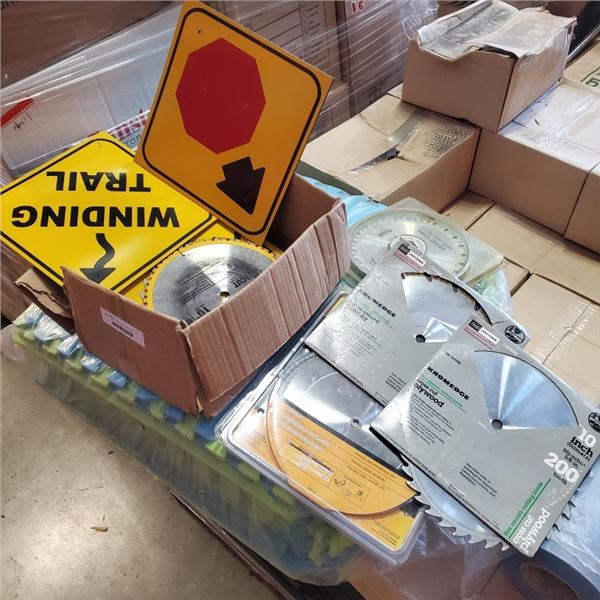 BOX OF CIRCULAR SAW BLADES AND WARNING SIGNS