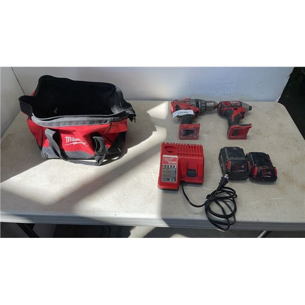 MILWAUKEE M18 CORDLESS TOOL SET - INCLUDES IMPACT GUN, FUEL BRUSHLESS HAMMER DRILL DRIVER, 2 BATTERI