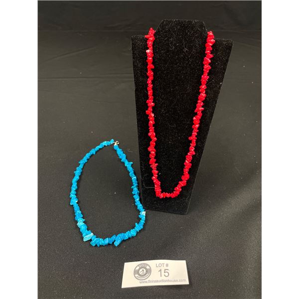 2 Natural Turquoise and Red Coral Treaded Necklaces Each 17" In length