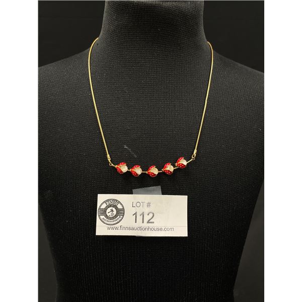 18k Gold Plated with Red Enamel and Stones Necklace. 16" Adjustable to 18"
