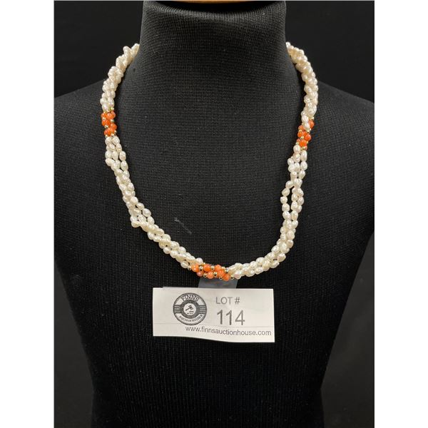 Twisted 3 Strands Genuine Freshwater Pearls.Pink Corals & Gold Beads Necklace 17" L