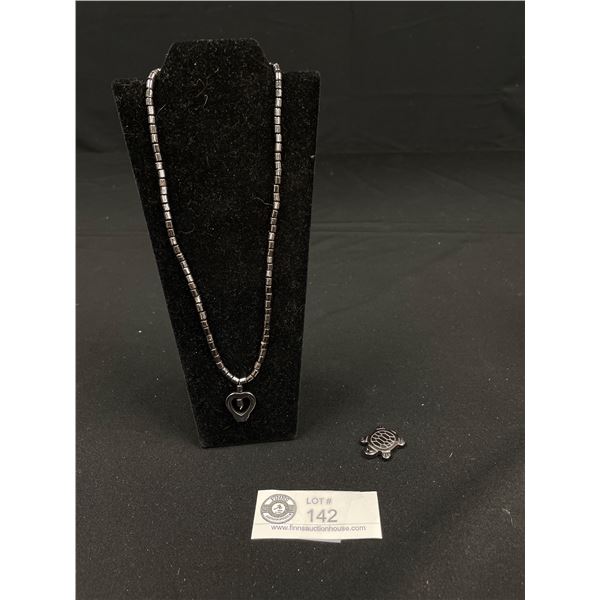 Black Alaska Diamond Pendant Necklace & Carved Turtle Pendant 16"L