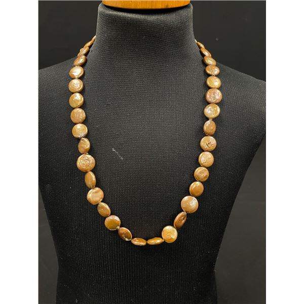 Elegant Single Strand Iridescent Gold Coin Pearl Necklace. Coin Pearls are genuine Pearls and are Hi