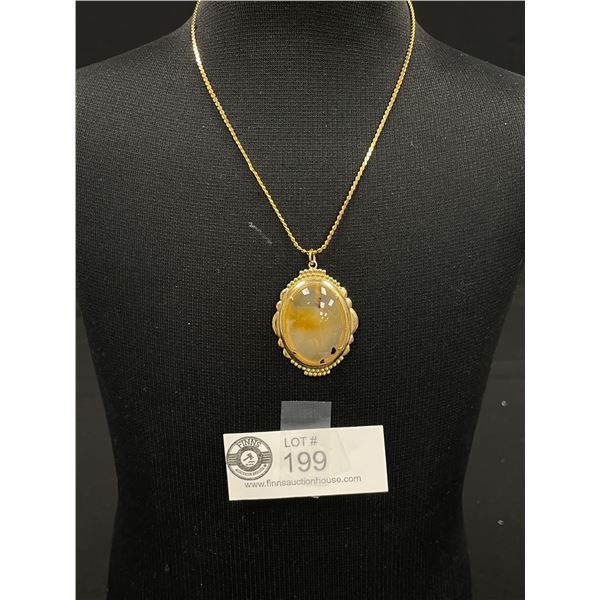 Vintage Gold Plated with Lace Agate Stone Pendant & Chain Necklace 17" L