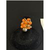Image 2 : Fantastic Vintage 14k Yellow Gold Coral Bead Ring Accented with 3 Diamonds and 1 Shite 6mm Round Pea