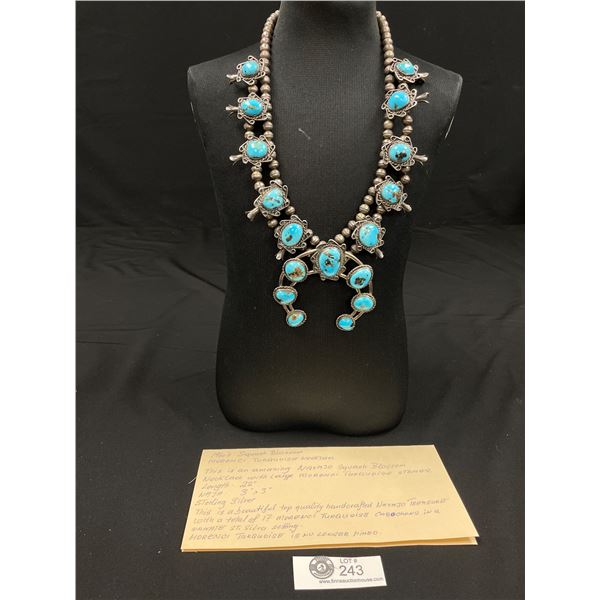 Stunning!! Top Quality 1960's Handcrafted Squash Blossom With Morenci Turquoise Sterling Silver Neck