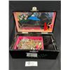 Image 1 : Black Laquer Music Box with Roses and Painted Scene with Contents