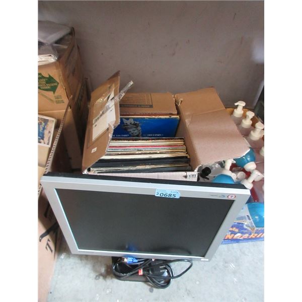 Samsung Monitor and Box of Vintage LP Records