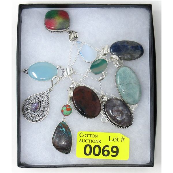 9 Custom Made Gemstone Pendants & 2 Chains