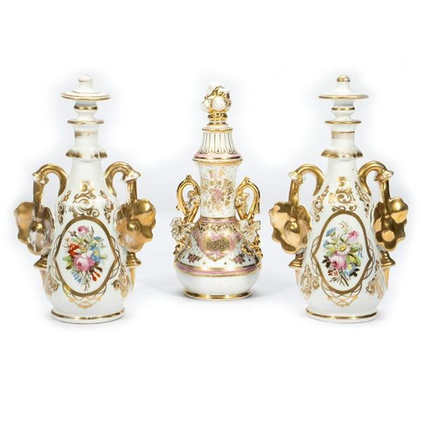 3 Gilt Porcelain Decanters with Stoppers