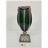 Image 2 : Fabulous Antique Green Glass Vase. Franed within a Silverplated Laurel Leaf Design 2 Small Chips on 