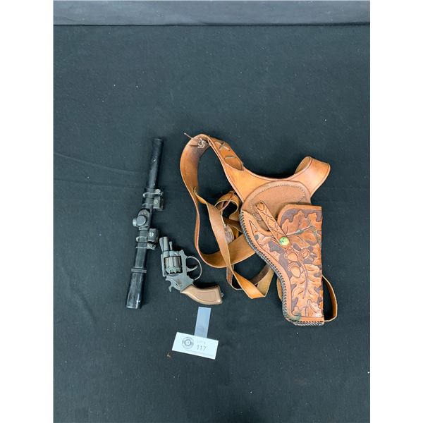 Nice Vintage Leather Gun Holster on Belt with Nice Leather Tooling with Small Cap Gun and Scope