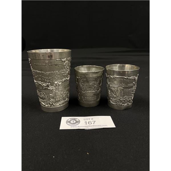 Very Early Winnipeg Souvenir Cup 1880-1900 Plus 2 Very Early Pewter Souvenir Cups Niagra Falls & Win