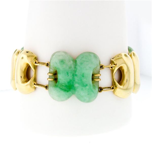 Vintage Large Wide Heavy Alternating Pierced Jade & Solid 14k Gold Bracelet