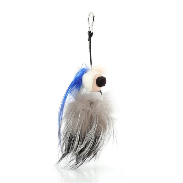 Fendi Karlito Bag Charm Fur with Leather Black, Blue, Gray, Multicolor