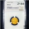 Image 1 : 1915 $2.50 Gold Quarter Eagle NGC - MS62