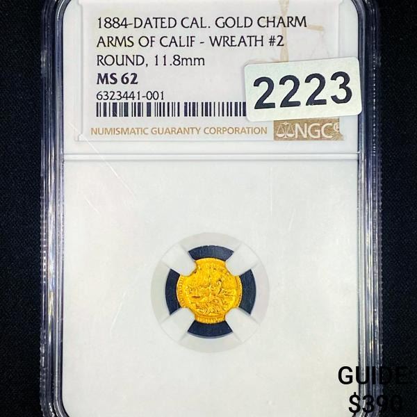 1884 Dated Cal. Gold Charm Arms of Calif - Wreath