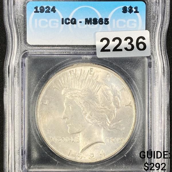 1924 Silver Peace Dollar ICG - MS65
