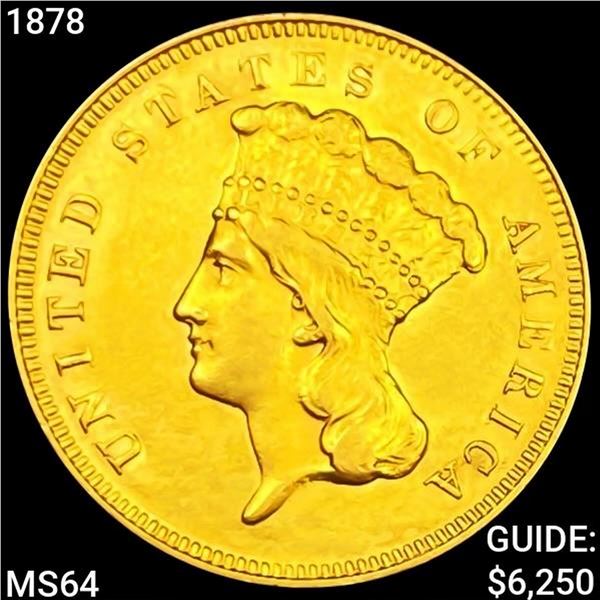 1878 $3 Gold Piece CHOICE BU