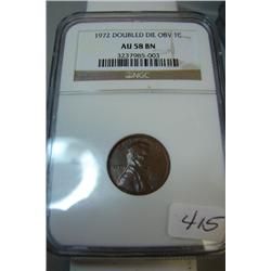 1972 Double Die Obv. Lincoln Cent NGC AU 58 BN